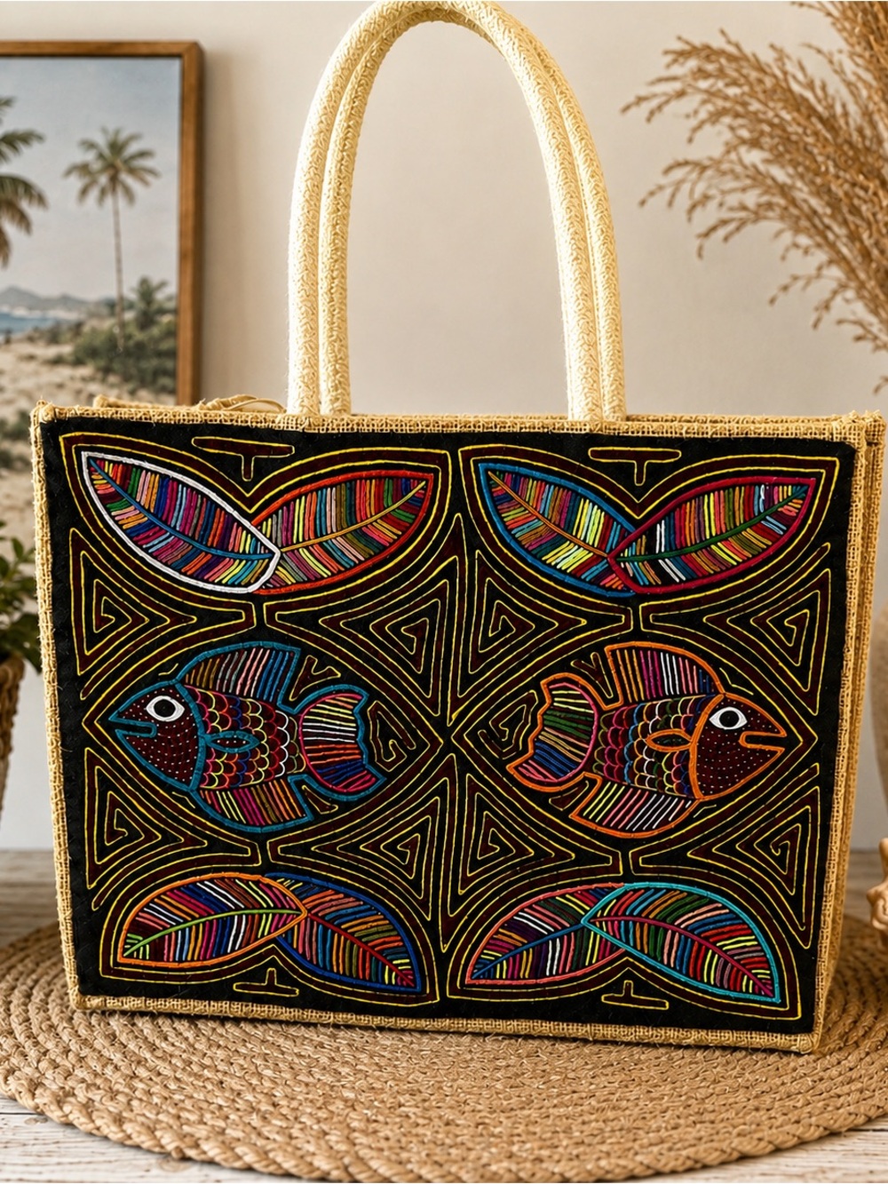 Kuna Mola Panama Jute Tote Bag Fish Folk Art Handcrafted